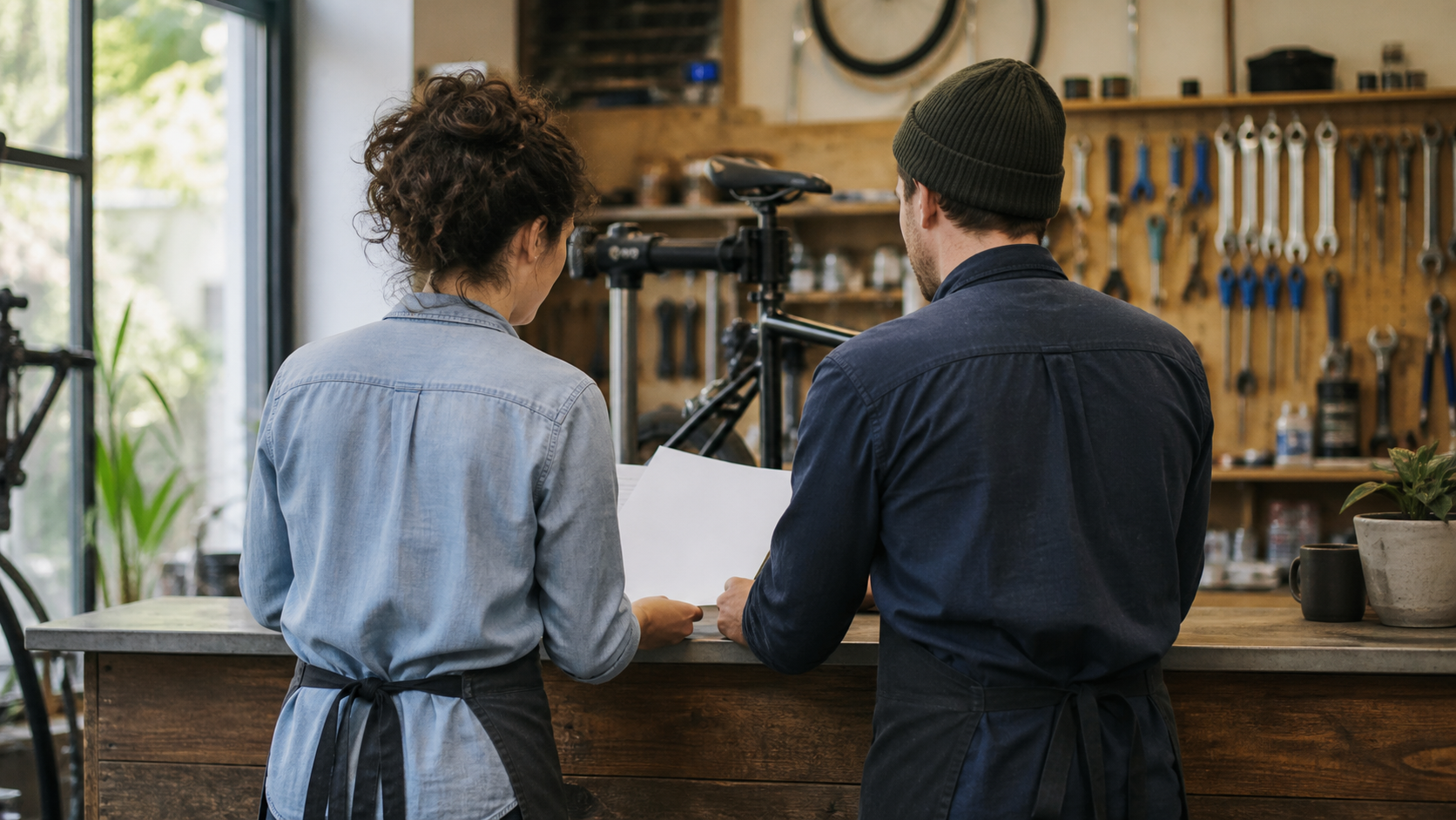 Bicycle shop owners reviewing a transition handoff