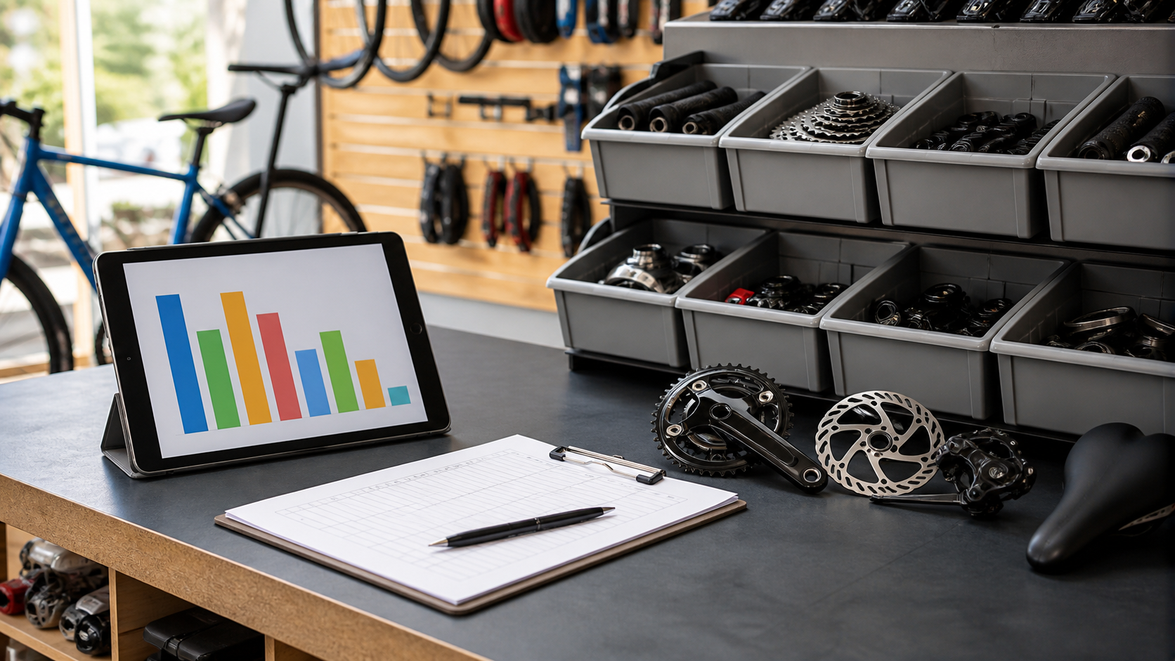 Bicycle shop inventory organized for transition planning